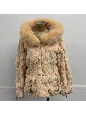 Vintage Y2K Hooded Peach Pastel Pink Rabbit & Fox Fur Jacket Coat